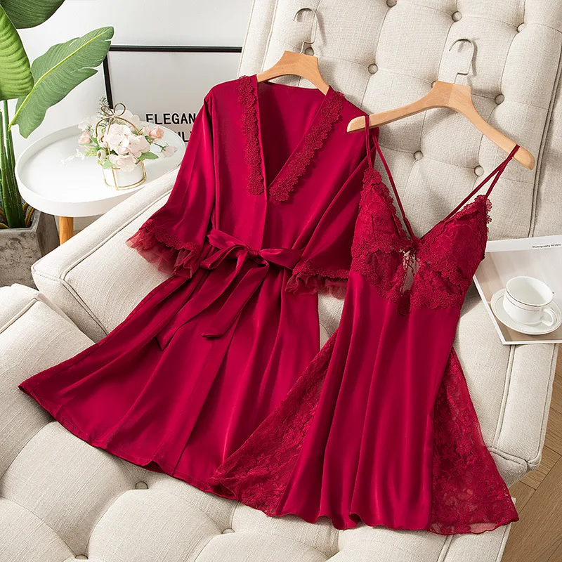 2PCS Kimono Robe Set Womens Satin Sleepwear Nightgown Sexy Casual Loungewear Home Wear Intimate Lingerie Lace Bathrobe Gown