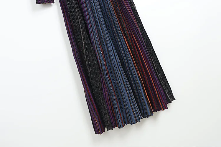 High Quality Women V Neck Metallic Sequined Embellished Striped Waist Pleated Long Knit Dress