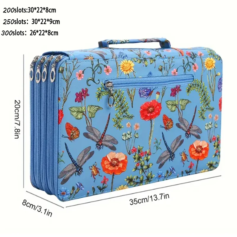 Vibrant Dragonfly and Floral Pencil Case—200/250/300 Hole Design, Durable Fabric Storage Bag, Suitable for Pencils, Markers, Scissors—Portable Office Art Supplies Organizer, Dragonfly Decoration, Art Supplies Storage, Colorful Illustrations, Sturdy Structure, Portable Single-Piece Colored Pencil Organizer, Keeps Desk Neat and Clean view 4