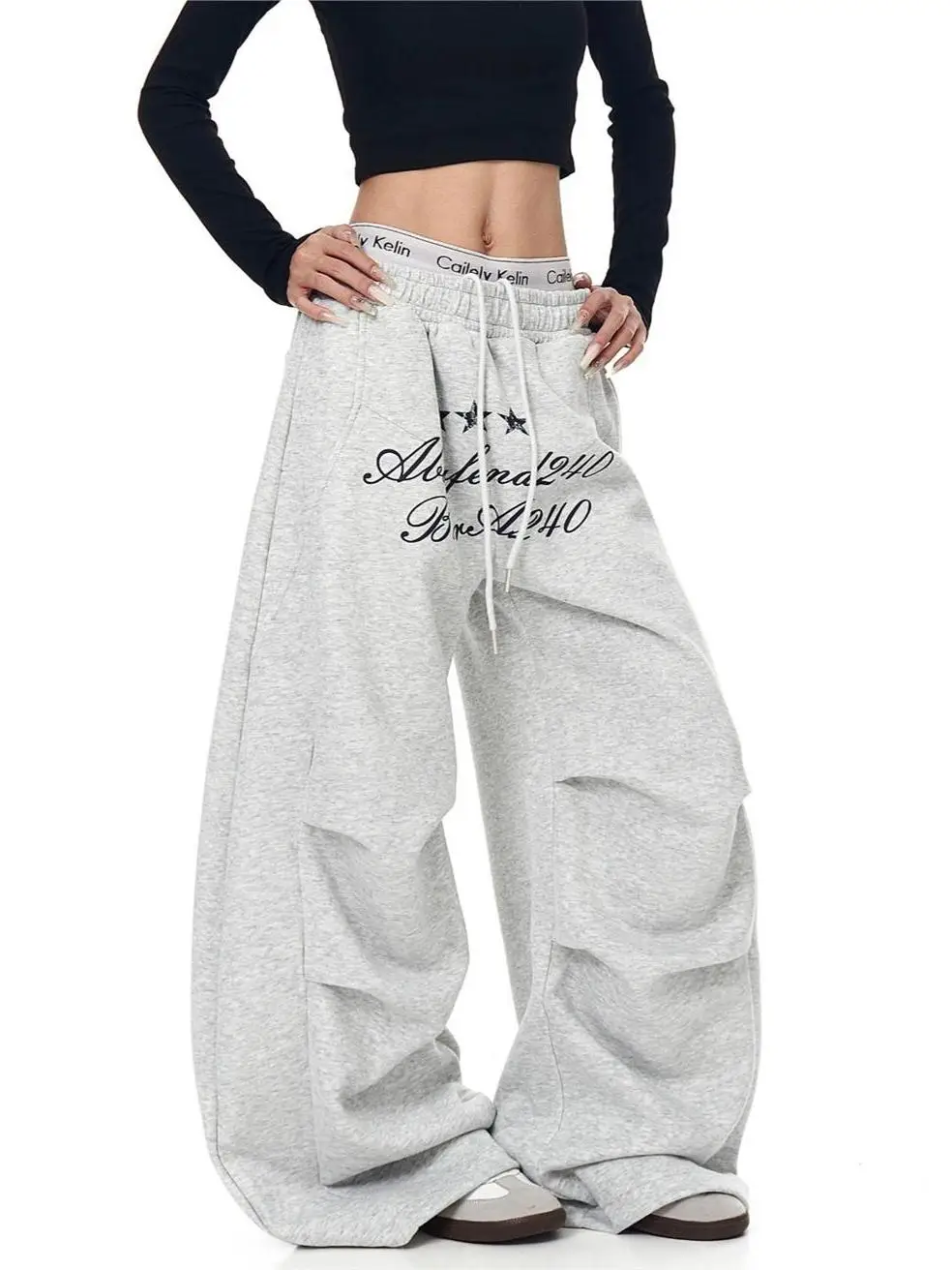 Sporty Letter Print Paratrooper Workwear Pants Spring Summer Wide Leg Cuffed Knife Design Trendy Casual Trousers for Women