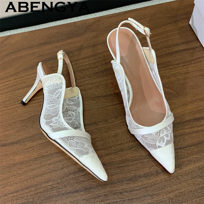 ABENGYA Black White Lace Pointy Toe Kitten Heel Sandals Women Designer Gladiator Sandals Summer Sexy Dress Party Shoes Mujer