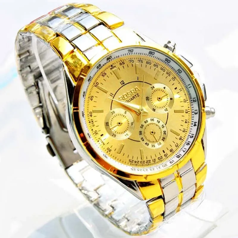 Luxury Brand Rosra 18k Gold Plated Watches Men Gold Full Steel Quartz-watch Man Luxury Gold Mens Watches Relogio Masculino