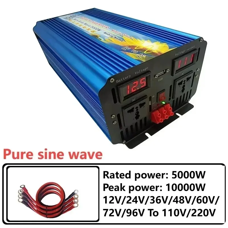 5000W Pure Sine Wave Inverter, 12V-96V DC to 110V 220V AC, High-power Photovoltaic Solar Inverter with LED Display