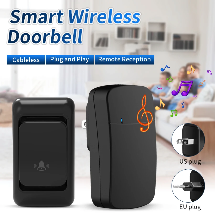 Outdoor Wireless Doorbell EU US Plug 23A 12V Battery Waterproof Smart Home Wall Penetrating Signal Kinetic Ring Chime Doorbell