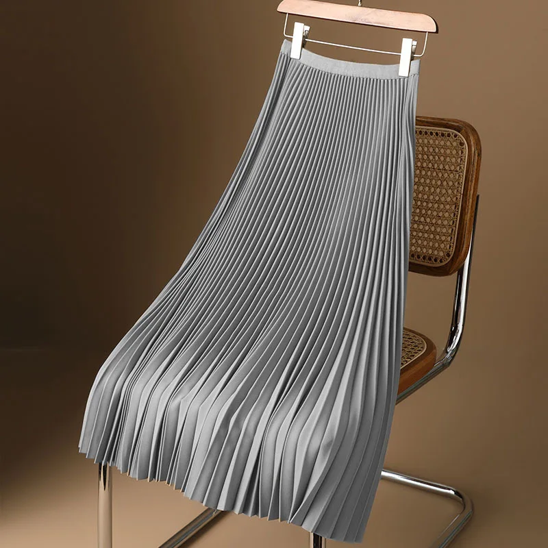 Gonna longuette vintage da donna estiva a pieghe tinta unita elastica a vita alta gonna da donna casual in misto cotone una linea lunga in raso liscio