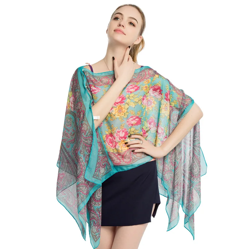 2022 New Summer Printed Silk Scarf Creative Pearl Buckle Pullover Beach Lady Bikini shawl  Women Sunscreen Shawl Gray