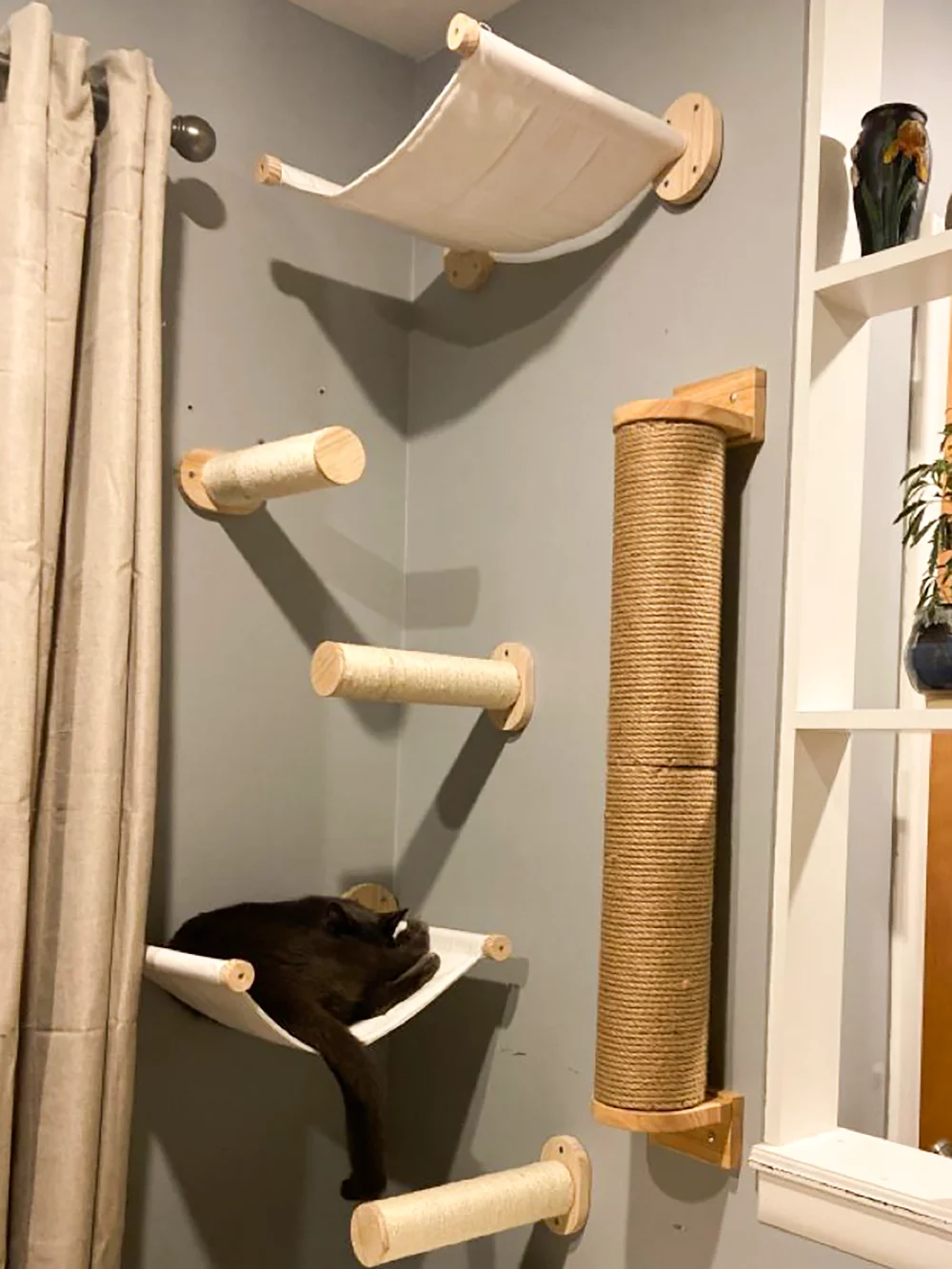 Wall Mounted Cat Tree Wooden Shelves Scratching Posts Climbing Cat tower Hammock With Solid Floating Perches Steps and Ladder