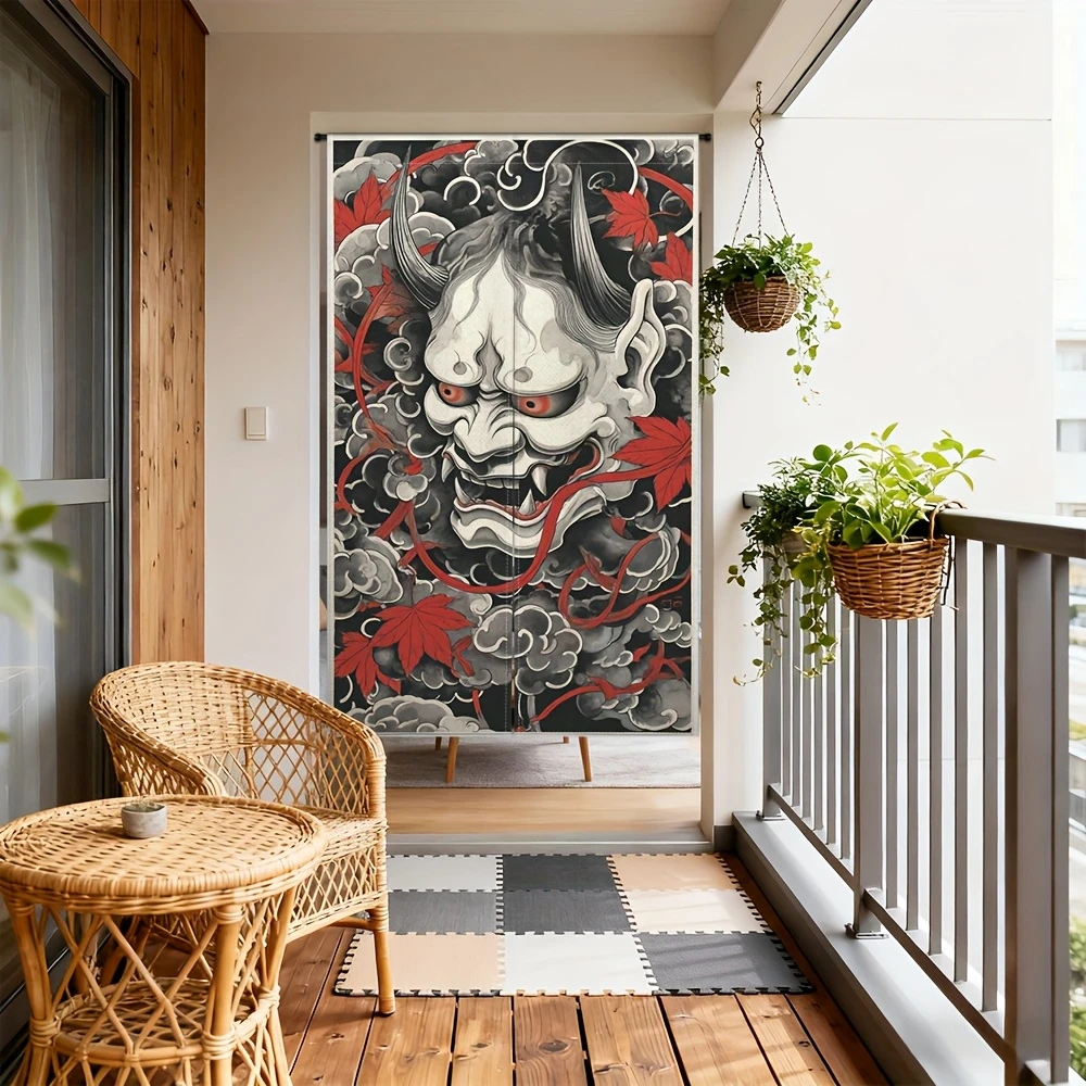 VIKAMA Japanese-Style Hannya Demon Face Half-Door Curtain, Tattoo Art Room Divider, Kitchen Dust-Proof Home Decor Curtain