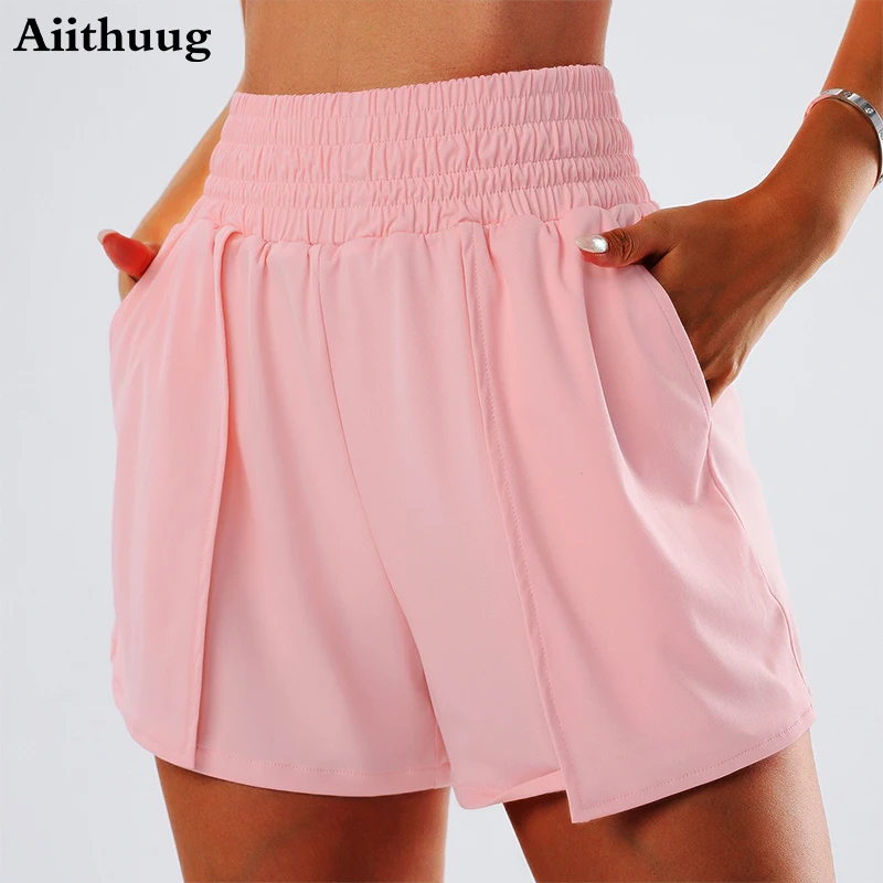 

Aiithuug Fake Two Piece Elastic Waist Yoga Shorts Women's Side Pockets High Waist Short Pants Solid Trendy Workout Tennis Pants