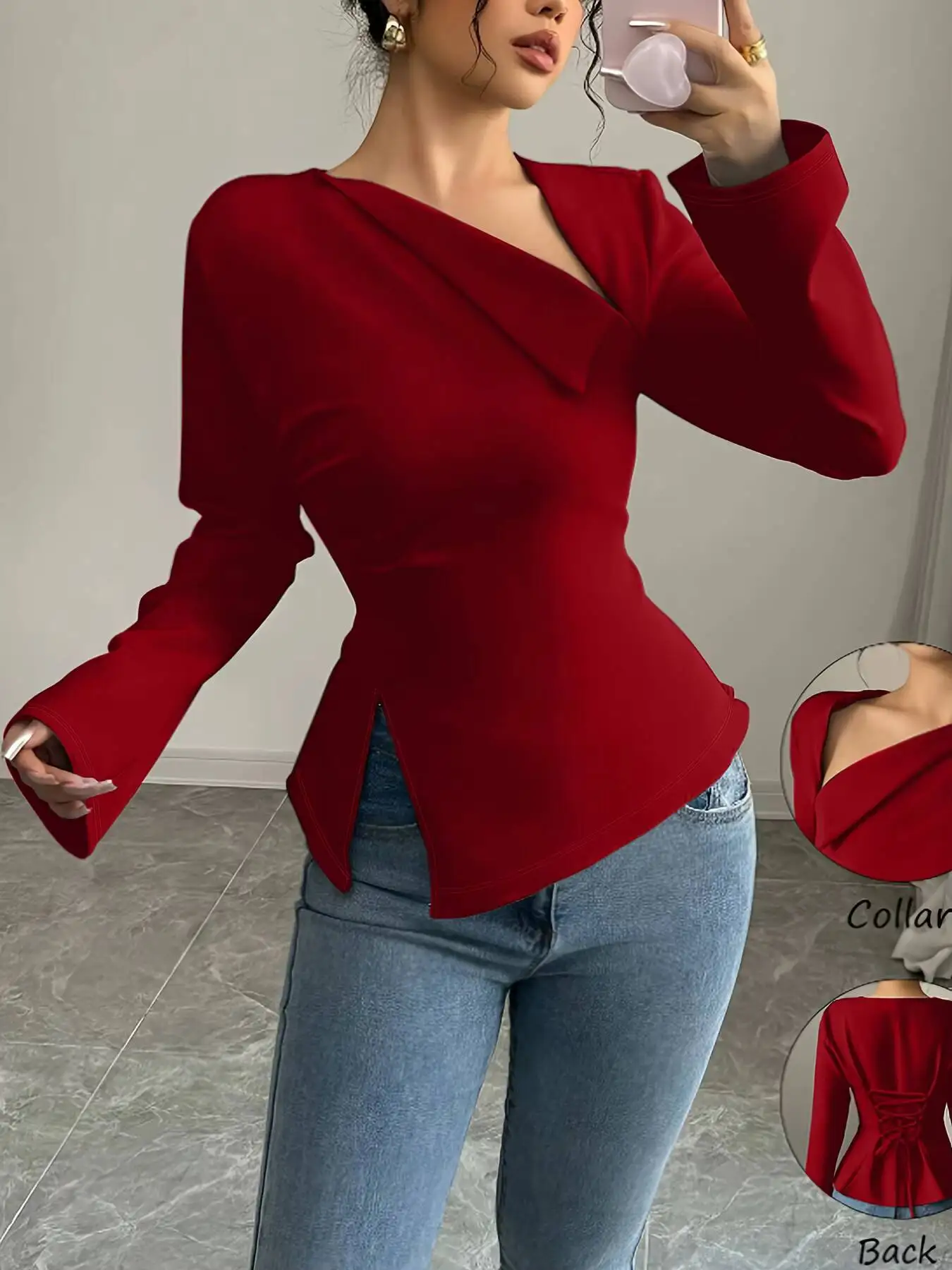 

Spring Summer Women's Blouse Red Asymmetrical Long Bell Sleeve Side Slit Back Tie Slim Fit Elegant Daily Casual Dating Top