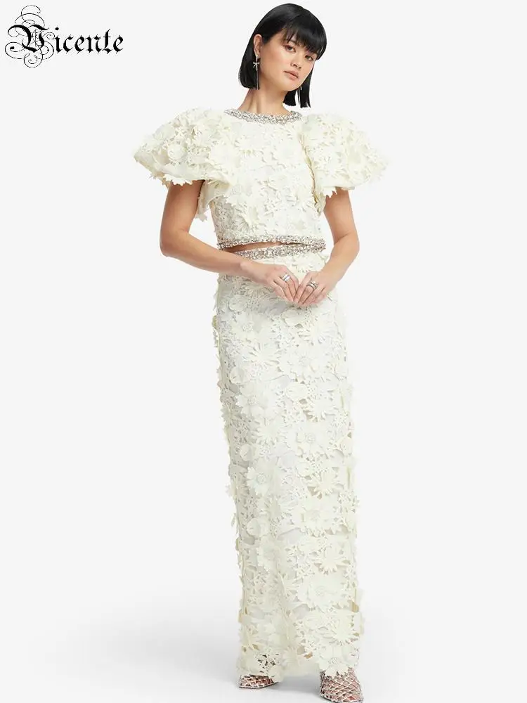 VC 3D Floral Lace 2 Piece Office Elegant White Beaded Evening Gown O Neck Short Butterfly Sleeve Slim Fit Formal Party Outfit