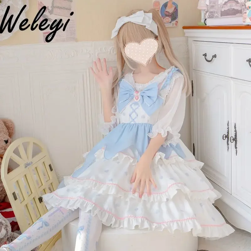 

Женское платье принцессы Kawaii Lolita с бантом, Новинка лета 2024, Оригинальные милые Трехсекционные платья принцессы Rojita Sling JSK