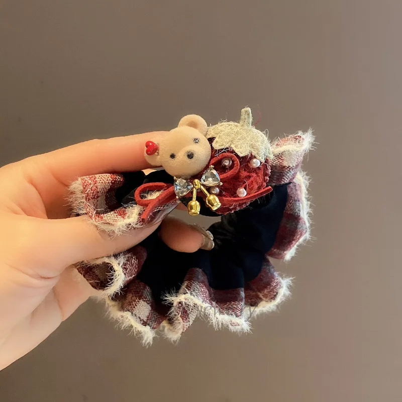 

Korean Style Sweet Wine Red Plaid Cartoon Bear Bowknot Elastic Hair Tie for Women Elegant Ponytail High Elasticity Hair Accessor