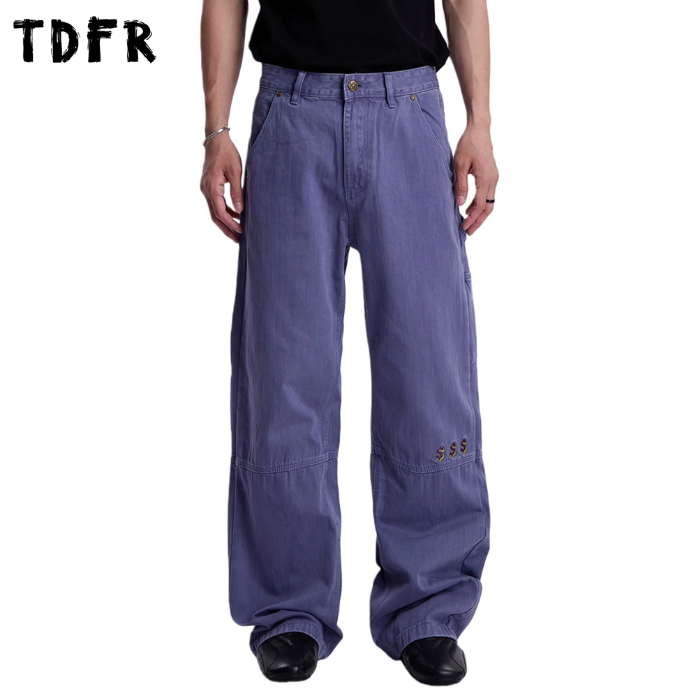 

Letter Embroidery Carpenter Pant Mens Spliced Pocket Washed Distressed Straight Wide Leg Baggy Trousers Man