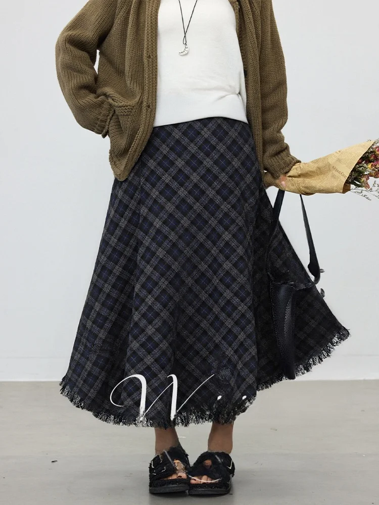 

Вязаный свитер большого размера с длинными рукавами и кружевным подолом, клетчатая юбка, повседневная зимняя мода для женщин с фигурой типа «груша», для поездок на работу