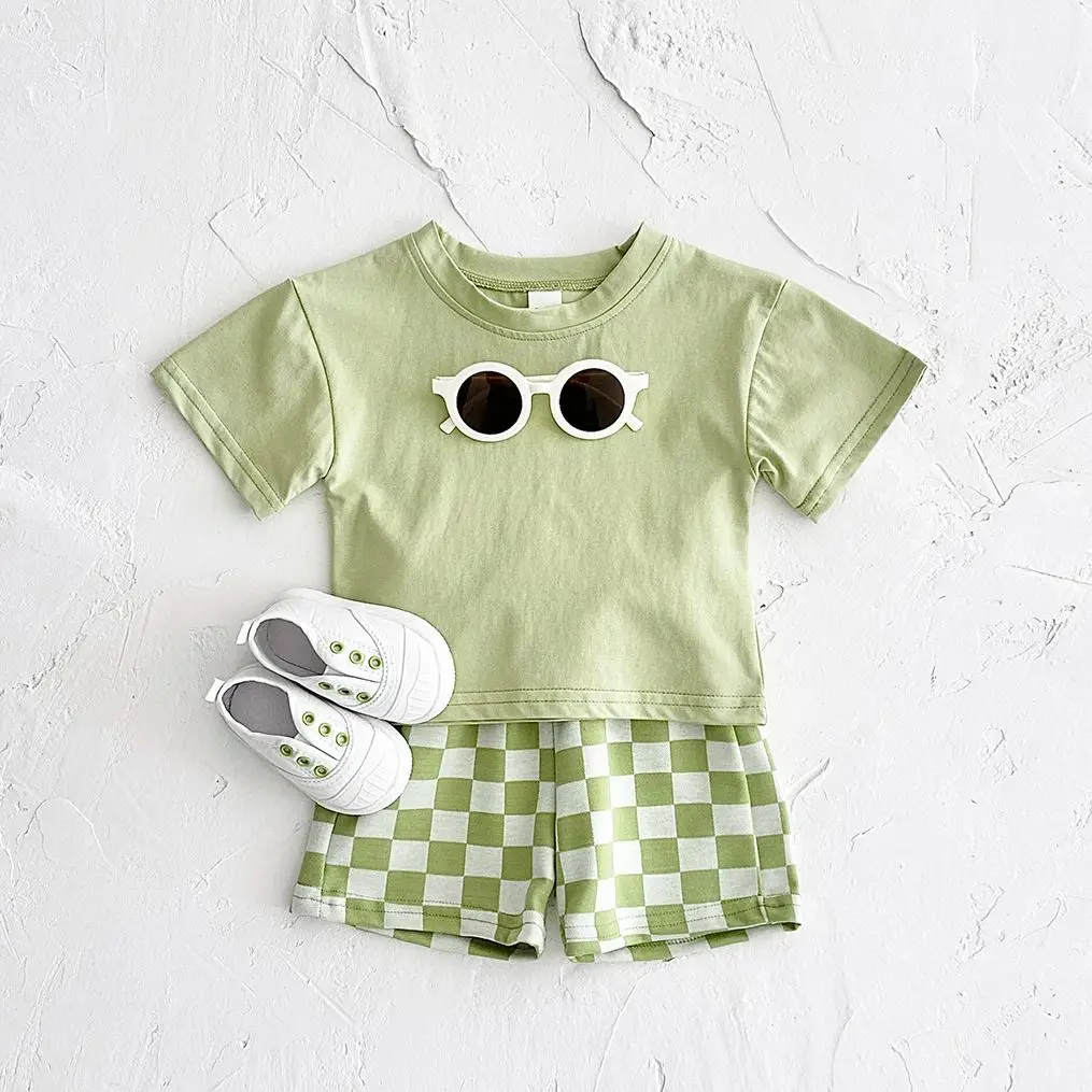 Ins Summer Newborn Boys Girls Clothing Baby Set Solid Short Sleeved T-shirt+Checkerboard Shorts Cotton Casual 2PCS 0-3Y