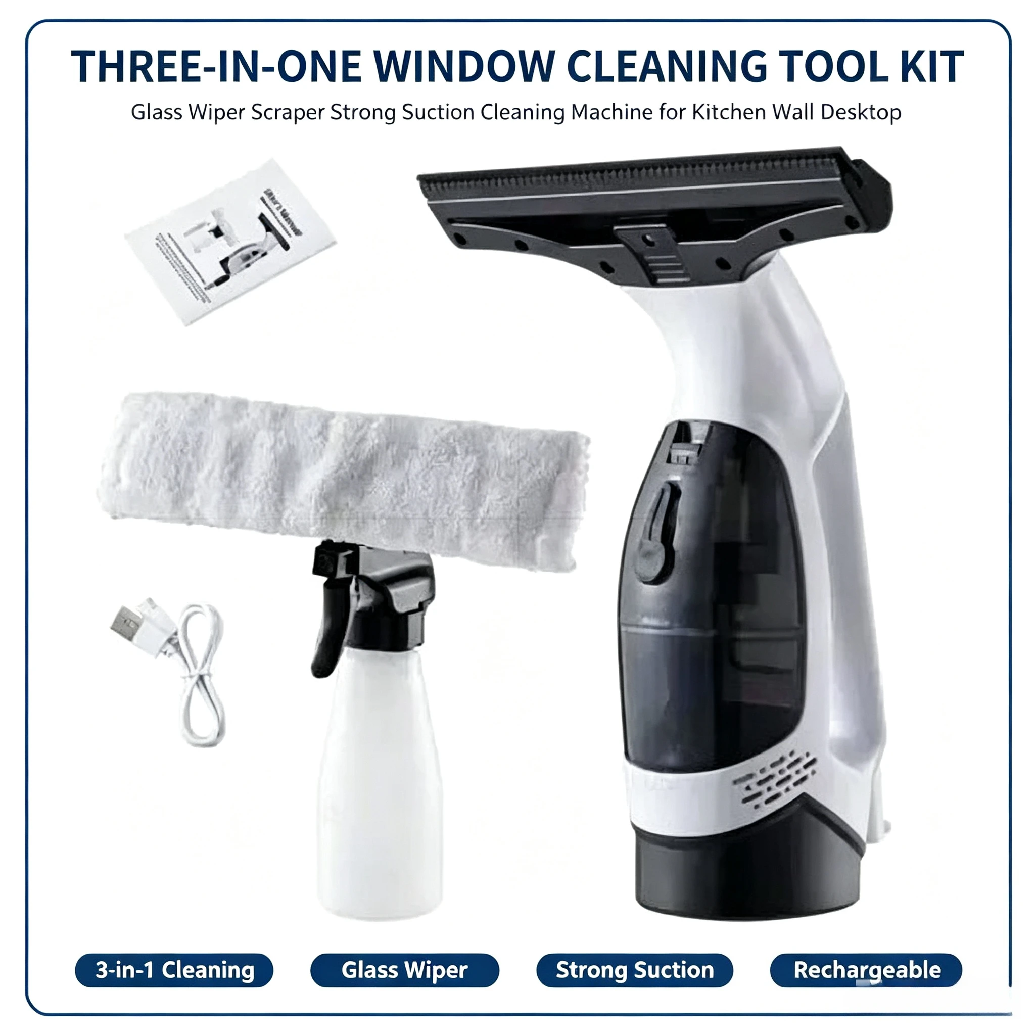 Glass Wiper Three-In-One Window Cleaning Tool Kit Kitchen Wall Desktop Cleaning Scraper Strong Suction Window Cleaning Machine