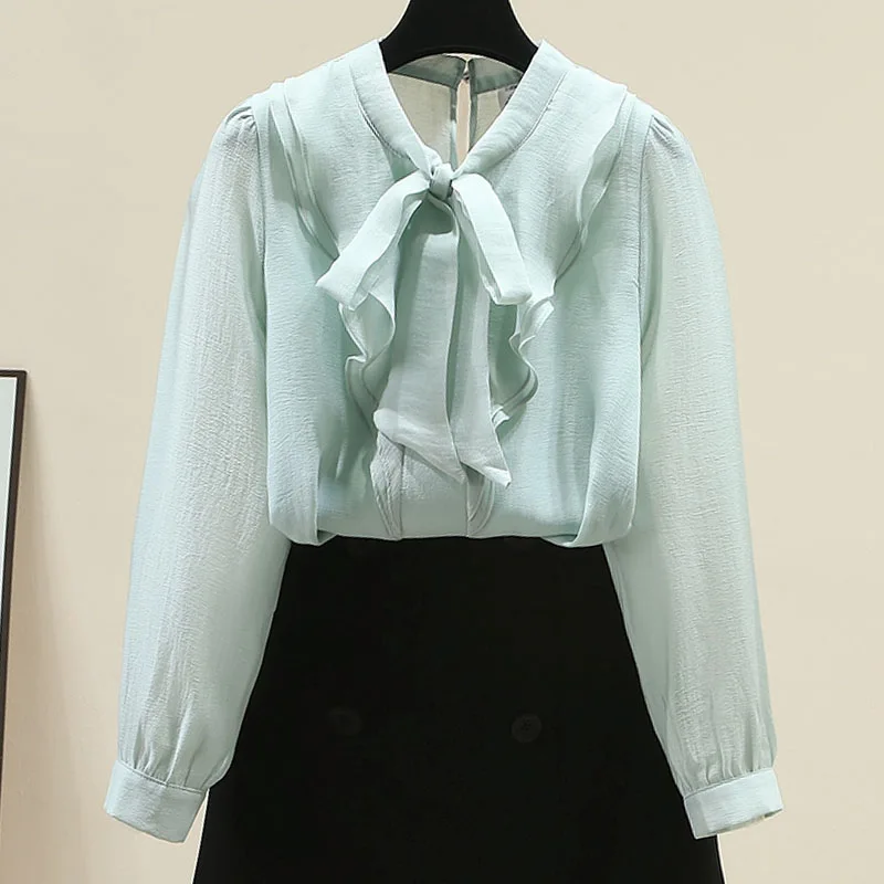 

Женская блузка-рубашка, новая шифоновая блузка с длинным рукавом и воротником-бабочкой, рубашка с оборками, женские топы, блузки, рубашки Blusa Camisas Q632