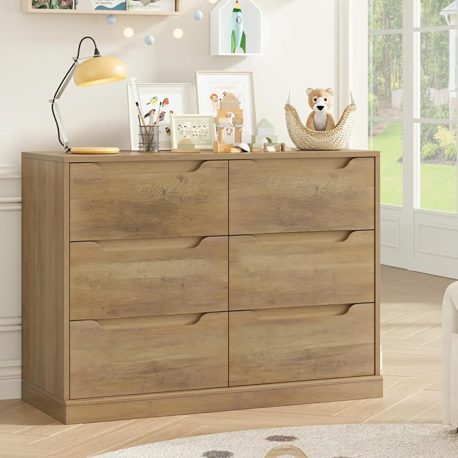 Modern 6 Drawer Dresser for Bedroom, Double Chest of Drawers, Large Wooden Storage Dresser Organizer, Accent Storage Cabinet