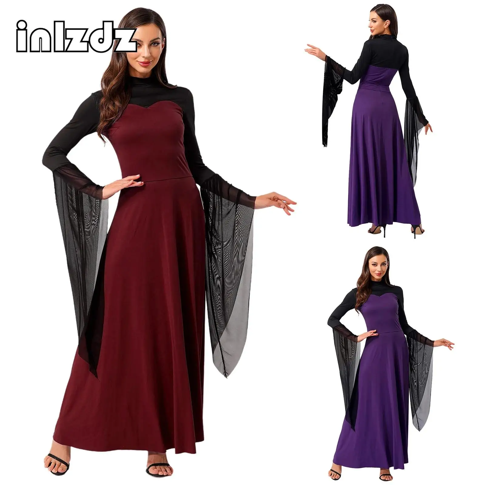 

2025 Women Witch Vampire Queen Cosplay Costume Dress Long Sleeve Flared Mesh Cuffs Maxi Dress for Halloween Fancy Dress-up Party