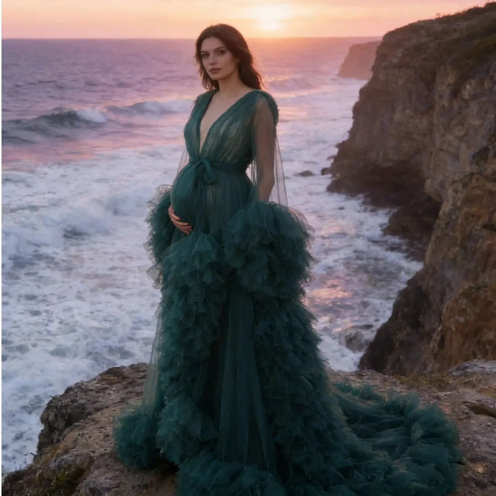 

Готовое к фотосессии тюлевое платье для беременных - пышные оборки, свадебный стиль, длинный халат-пеньюар для беременных