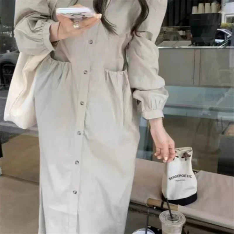 REALEFT Autumn Winter Single Breasted Women's Shirt Dresses 2025 New High Waist Long Sleeve Elegant Korean Dress Pockets Female