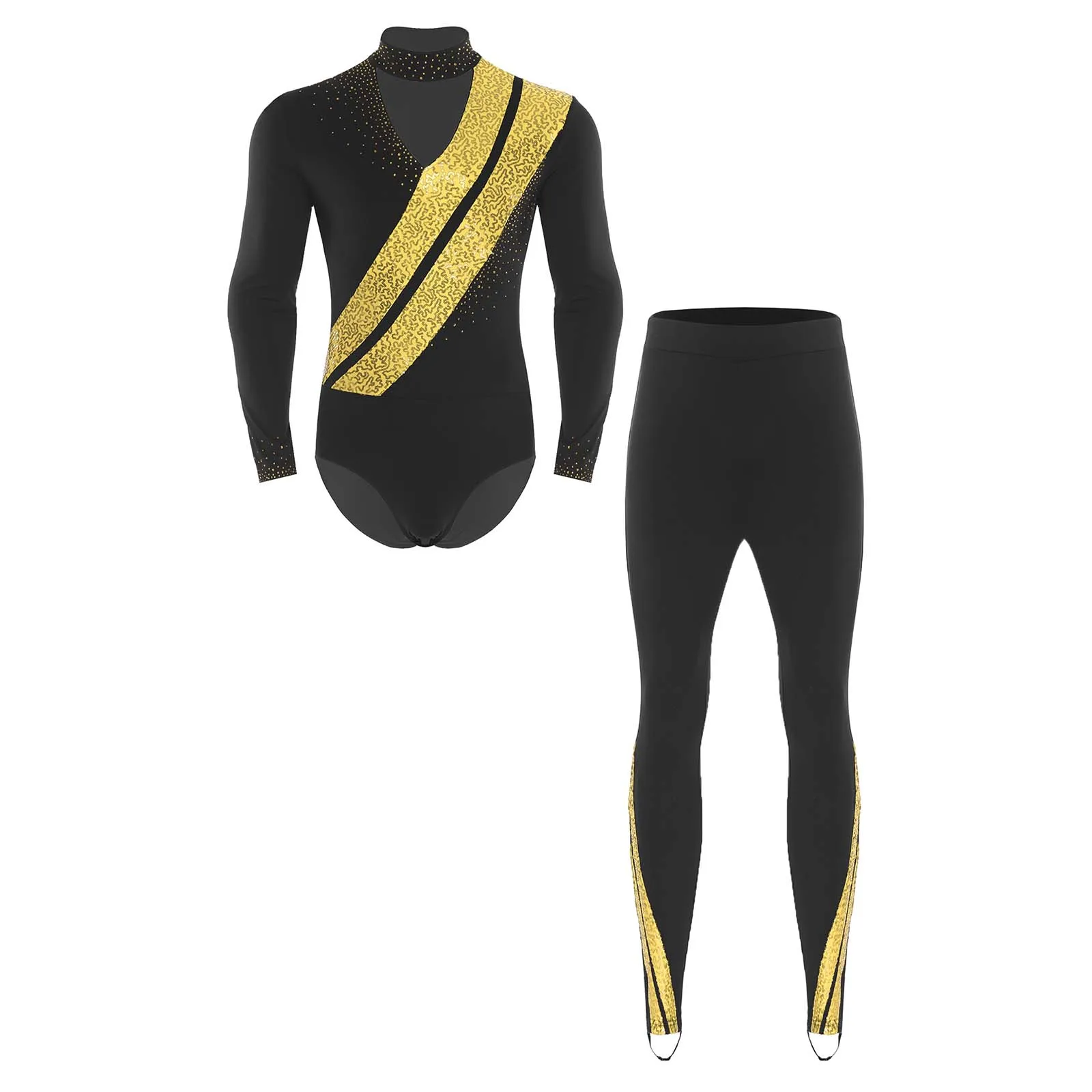 Men Lyrical Slim Fit Figure Skating Dance Performance Leotards with Stirrup Legging Pants for Ballet Latin Acrobatics Dance Wear