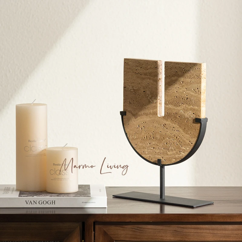 

Beige Travertine Sculptures for Home Decoration U Shape Ornament for Coffee Table Shelf Entryway Living Room Decor