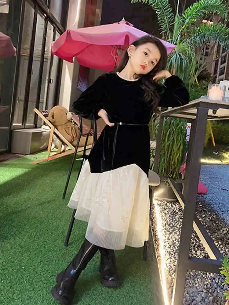 winter spring teen girls Velvet patchwork mesh dress junior kids Princess Formal dresses 4-14 youth child clothes vestido festa