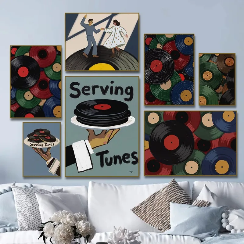 Colourful Music Cassette Vinyl Record Poster Print Vintage Music Serving Tunes Illustration Canvas Painting Wall Art Home Decor