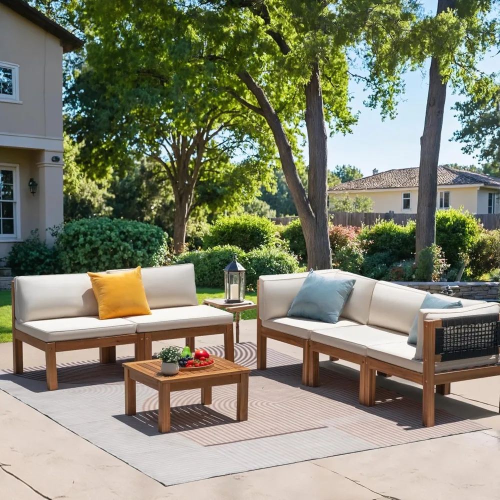 

6 Piece Outdoor Acacia Sofa Waterproof Cushion & Table, Padded Patio Conversation & Chair Set Garden, Backyard, Poolside, Beige