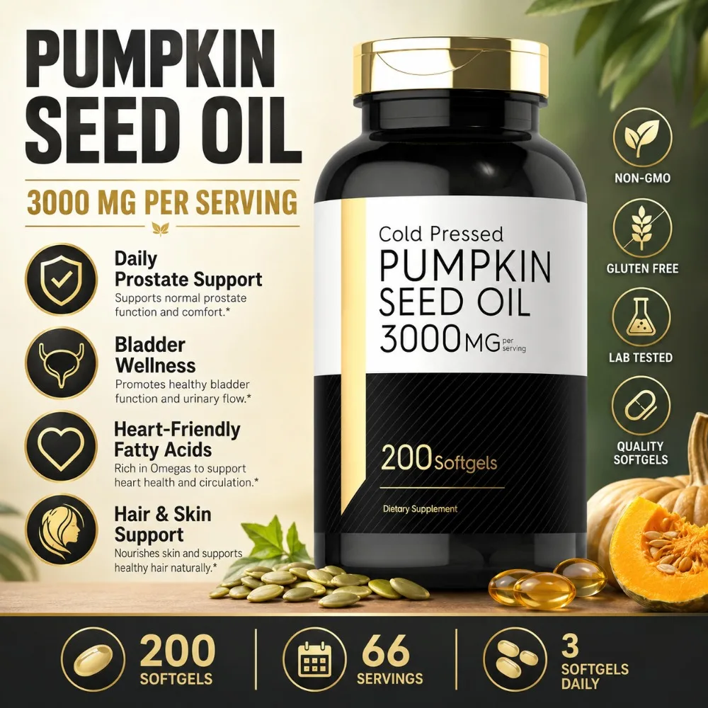 

Cold Pressed Pumpkin Seed Oil Softgels 3000mg, Omega 6 & 9 Dietary Supplement for Men Women Wellness, Quick Release, 200 Count