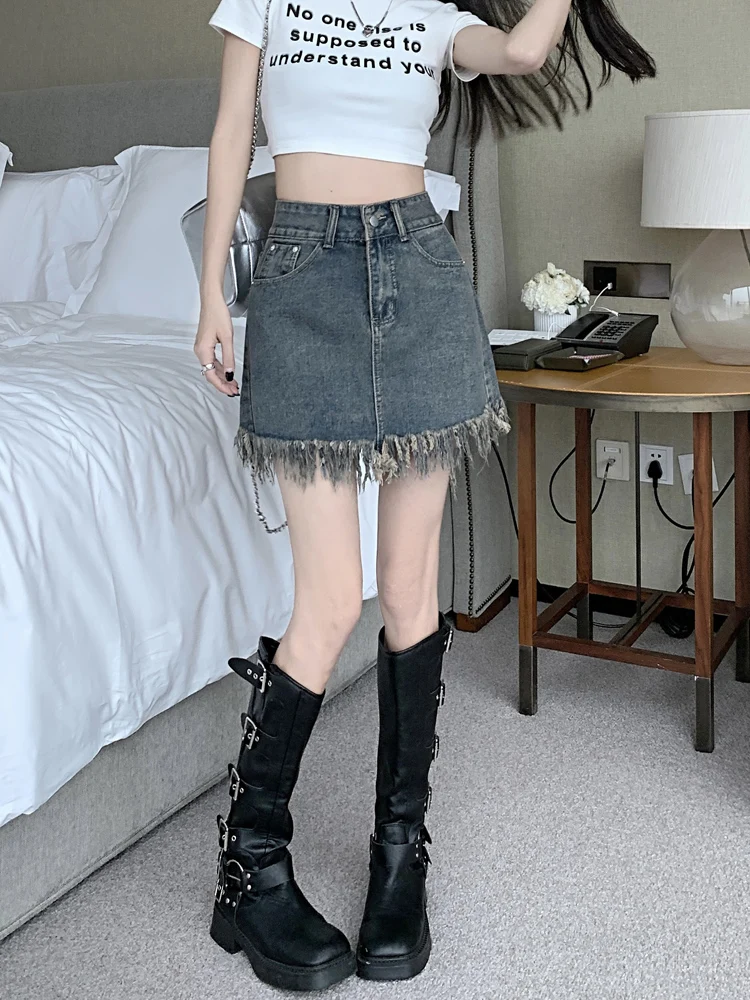 Gonna a trapezio a vita alta Gonne di jeans da donna Primavera Autunno Nuovo design Gonne coreane Sle ort con frange dimagranti