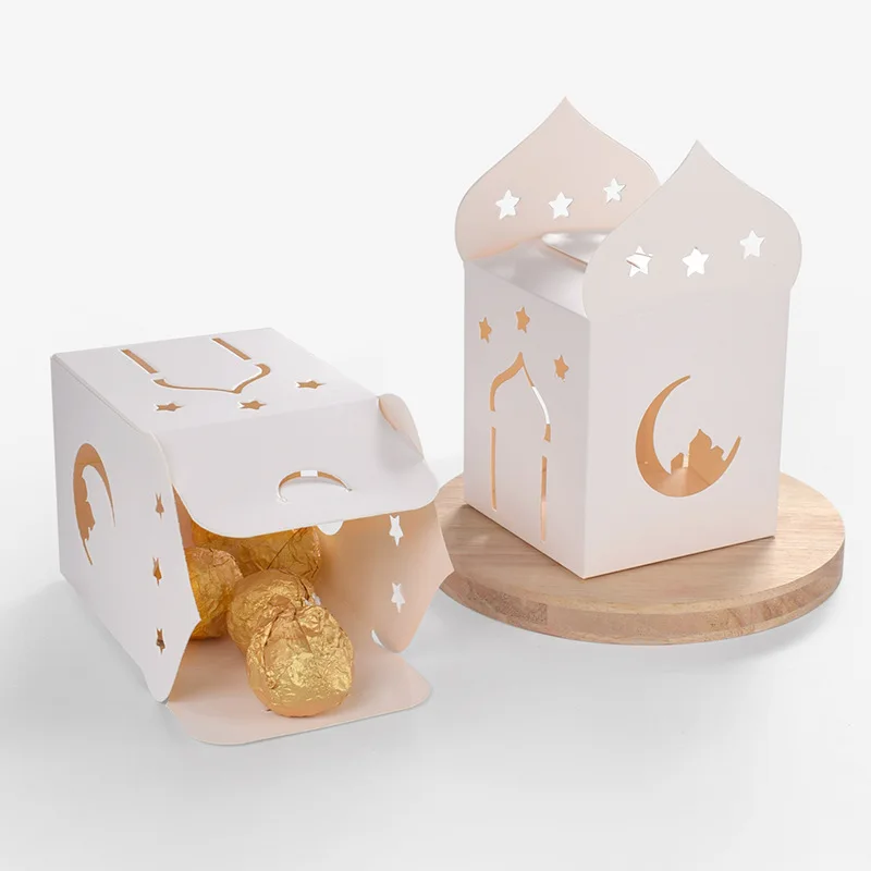 10 Stück Ramadan Mubarak weiß hohle Monde Sterne Muster Happy Eid al-Fitr Schokolade Süßigkeiten Aufbewahrung Geschenk Party Verpackung DIY Boxen