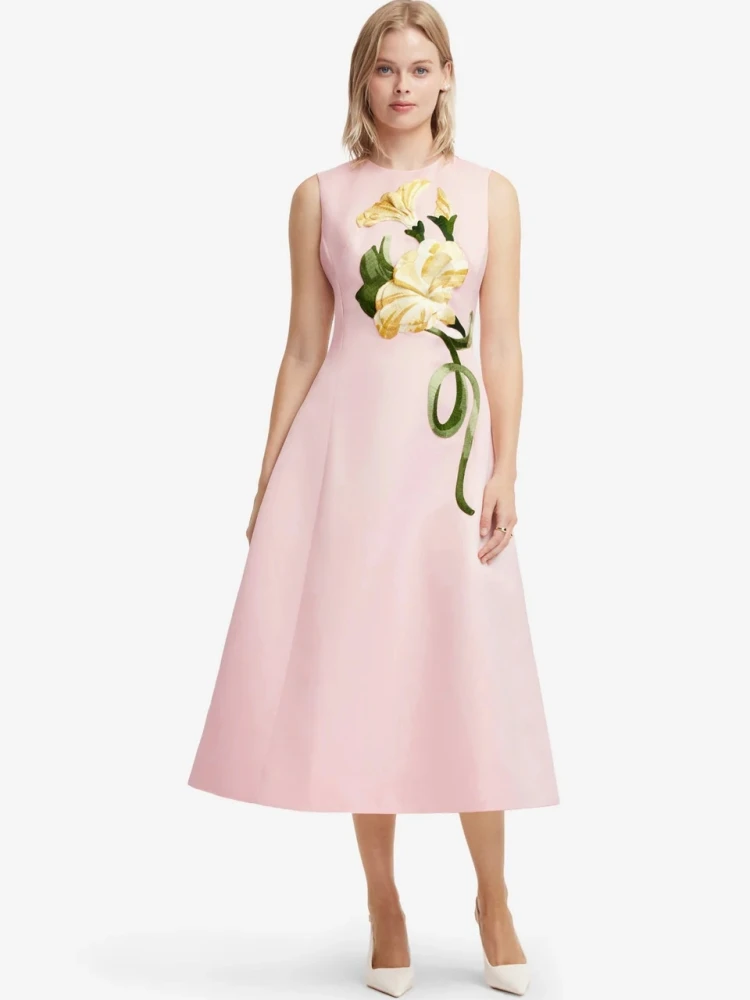 Sexy O Neck Embroidered Flower Long Dress Women Pink Sleeveless Floral A-line Dresses Evening Party Cocktail Gowns