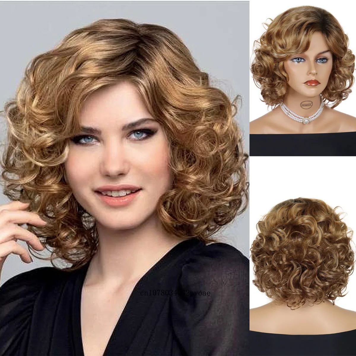 Synthetic Ombre Blonde Short Curly Hair Side Bangs for Woman Natural Fluffy Wigs Heat Residtant Cosplay Halloween Costume Party