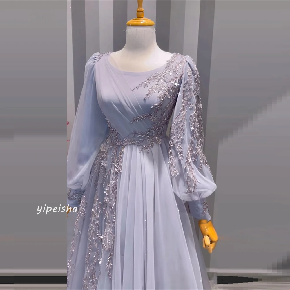 Customized High Quality  Evening Jersey Sequined Ruched Applique Prom A-line O-Neck Bespoke Occasion Gown Long Dresses