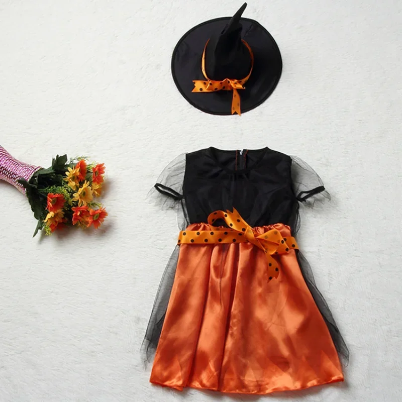 Kurzes Orange-Schwarzes Hexen-Halloween-Kostüm für Mädchen, Komplettset mit Tüllkleid, Hut und Kürbistasche, Kinder-Party-Cosplay – Detail 3