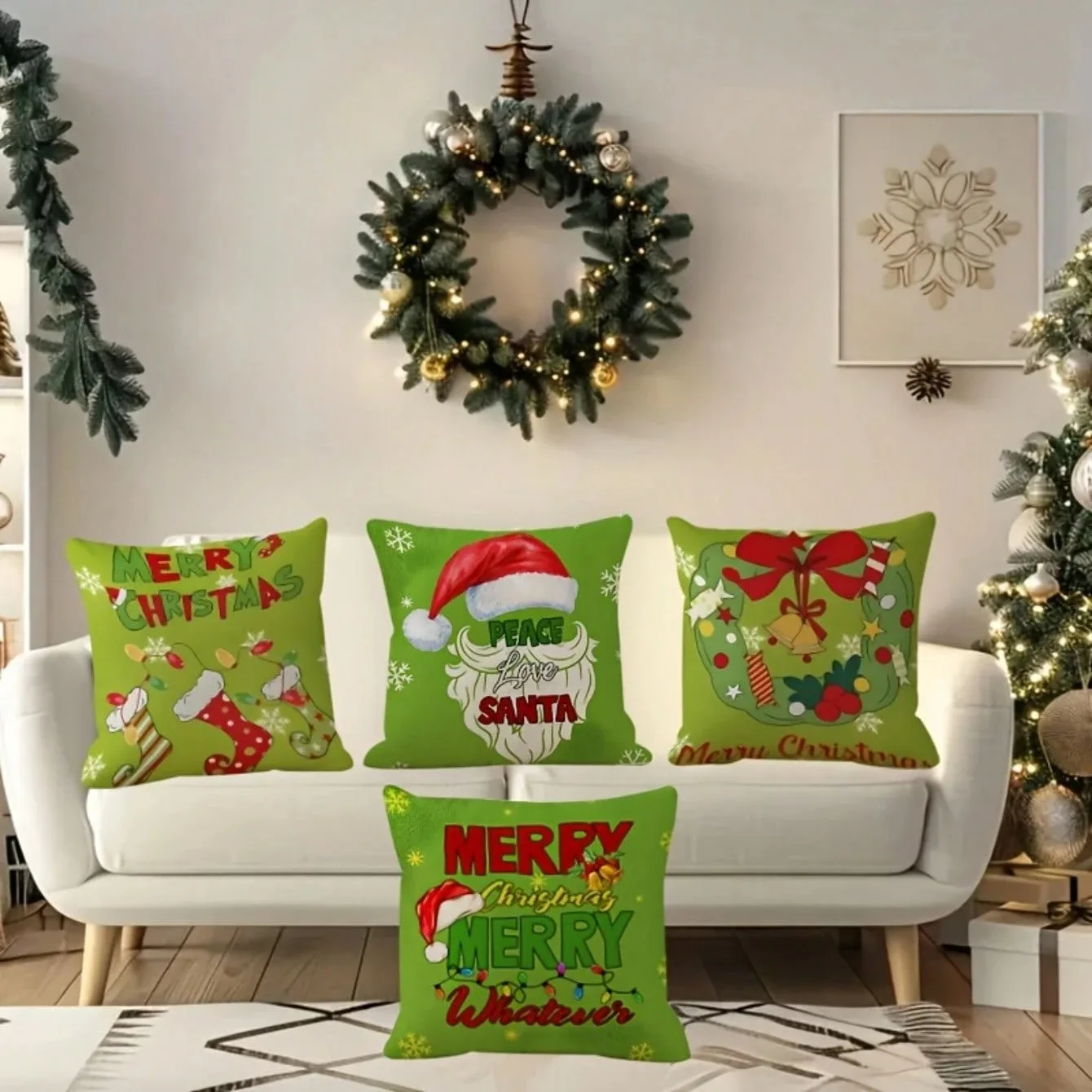1pc Green Christmas Throw Pillow Cover Polyester 2D Double Sided Print Santa Claus Wreath Sock Cushion Case Home Sofa Bedroom