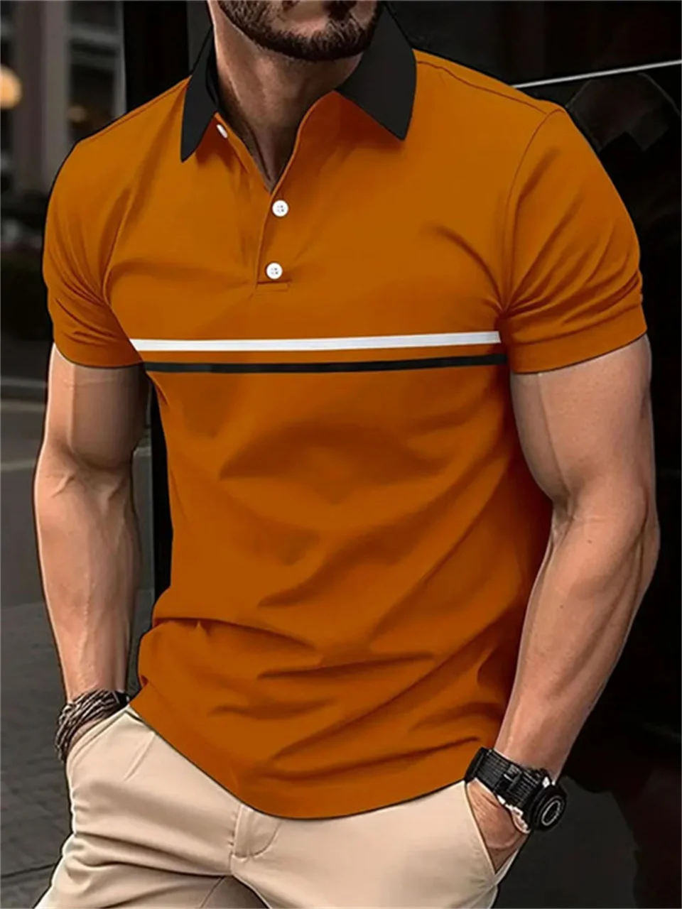 

2024 Hot Sales Stripe Print Men's Casual Short Sleeve Polo Shirt Summer Boutique lapel Quick Drying and Breathability Loose Tops