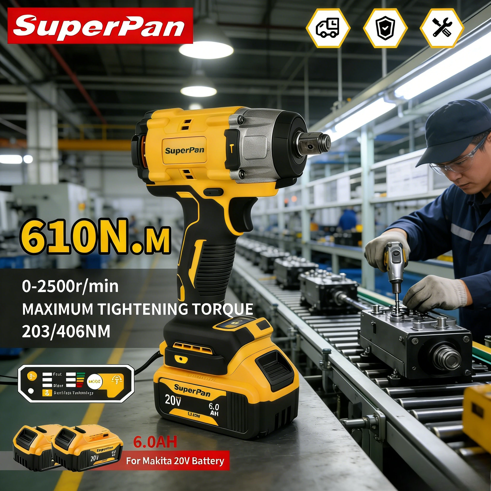 

SuperPan Brushless Impact Wrench Reverse Auto-Stop Durable Alloy Quick-Release 20V 610Nm 1/2" Square Drive for Dewalt