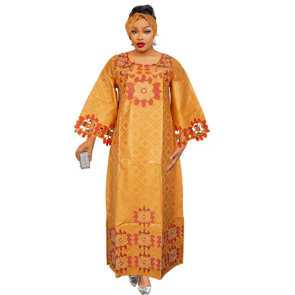 2024 Plus Size African Clothes for Women New Dashiki Ankara Embroidery Polyester Evening Wedding Party Dresses with Headscarf