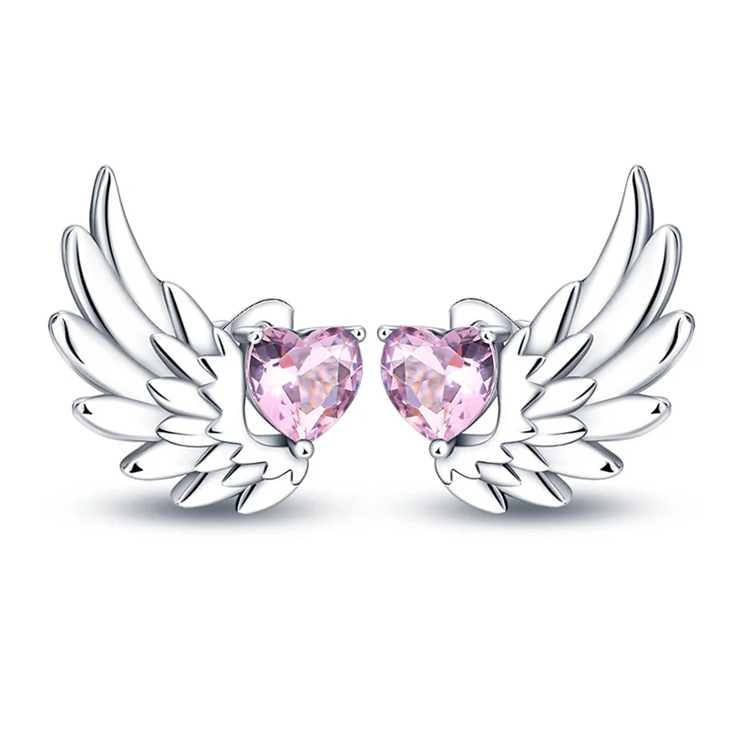 

Hot Sales 925 Sterling Silver Angel's Wings Ear Studs Pink Heart-Shaped Zircon Earrings For Women Fine Birthday Jewelry Gifts