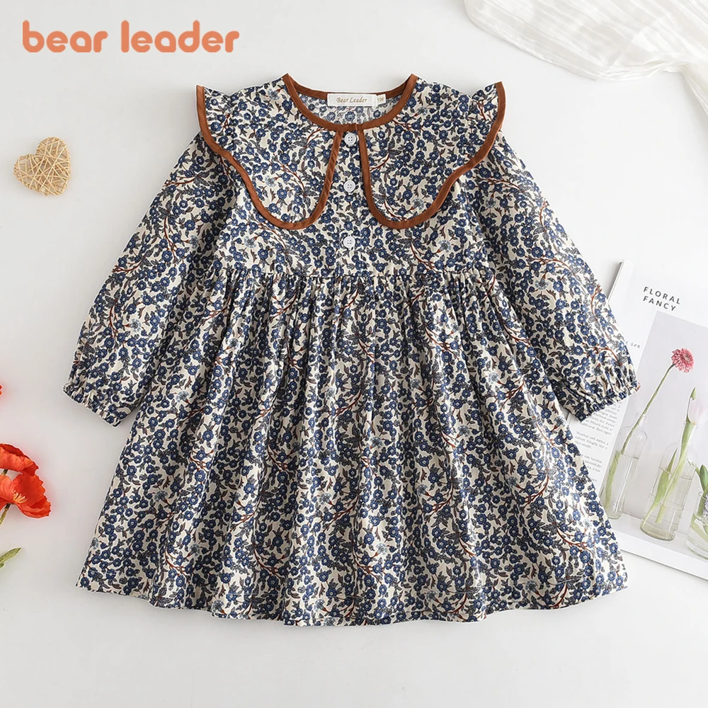 Bear Leader Autumn Spring New Girls' Dress Fashion Cute Doll Neck Flower Print Dress Children's Girls Long Sleeve Princess Dress