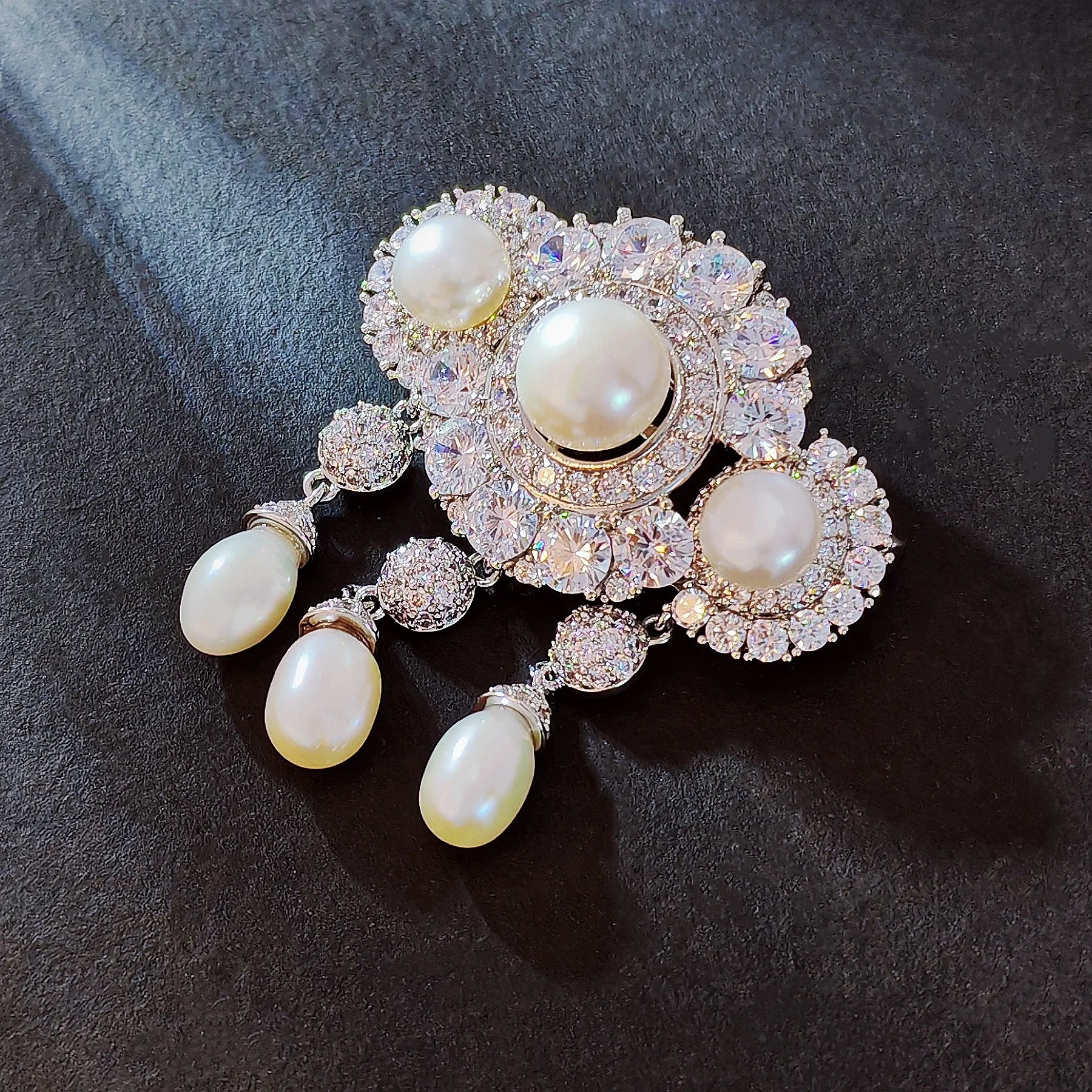 Elegant Silver Tone Micro Pave CZ Trio Pearl Brooch with Triple Teardrop Queen Wedding Jewelry