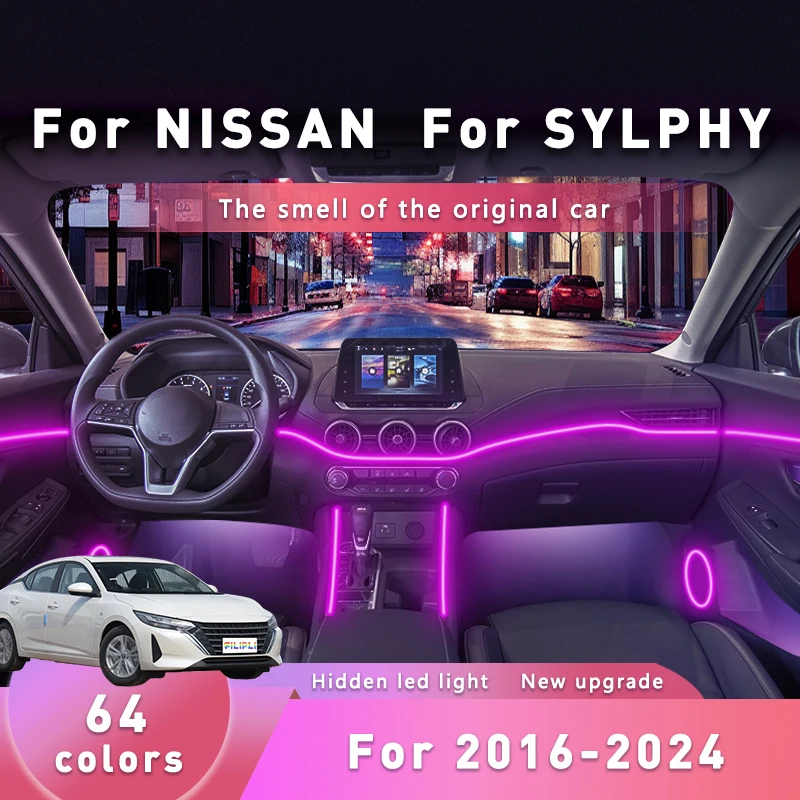 

FILIPLI для NISSAN SYLPHY для 2013, многоцветное украшение для атмосферы настроения, светодиодная лента 64 RGB, автомобильный окружающий свет настроения с управлением через приложение