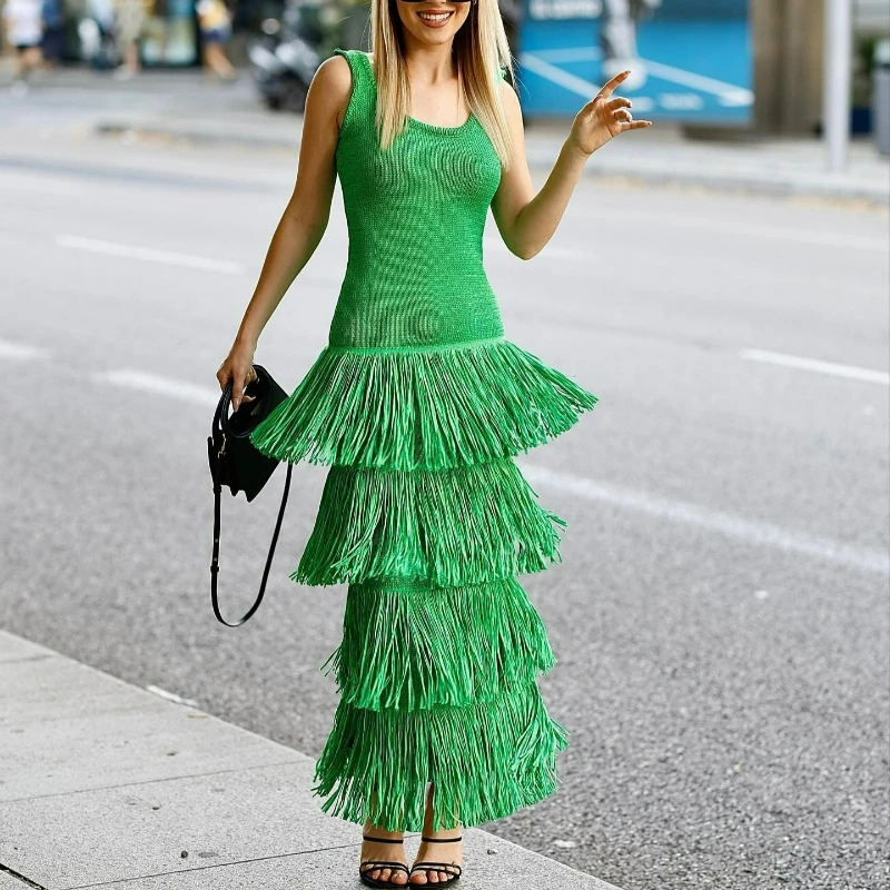 

New Fashion European and American Style Temperament Lady Solid-color Hemline Fringed Knitted Halter Dress for Women 2026 Summer