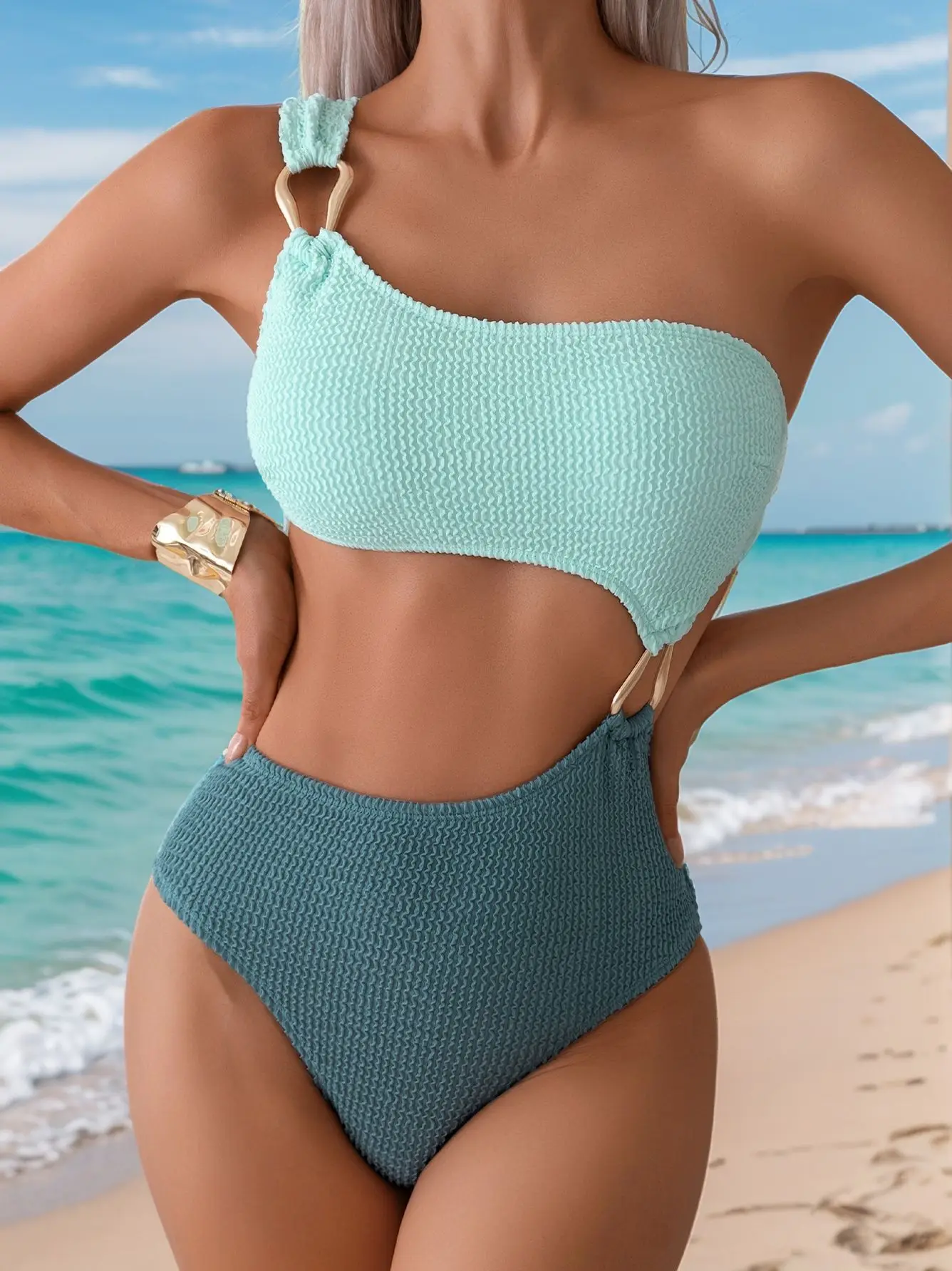 

2025 One Shoulder One Piece Swimsuit Metal Ring Contrast Color Patchwork Bikini Swimsuit Suit