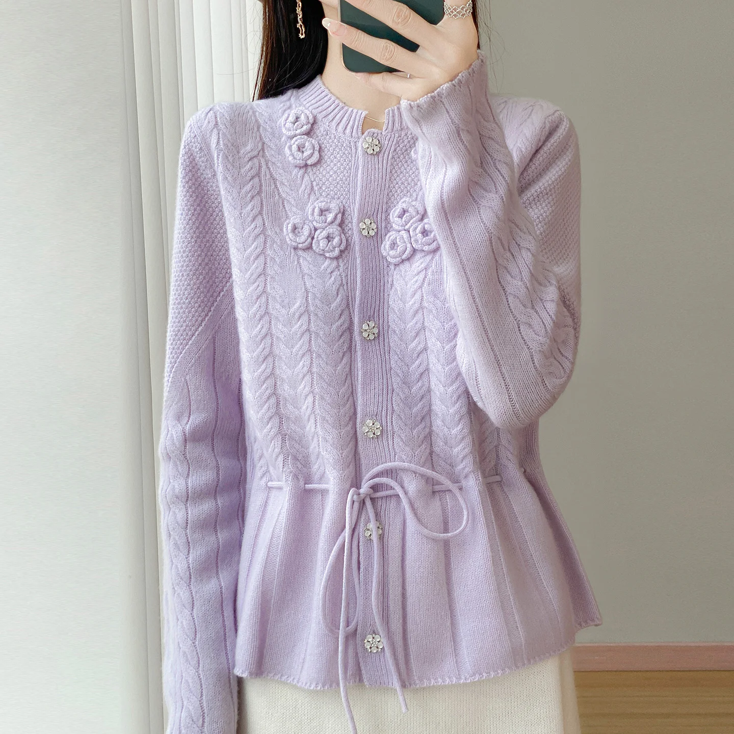 Autumn and winter new 100% pure cashmere single-breasted round neck cardigan drawstring sweater thickened solid color Joker.