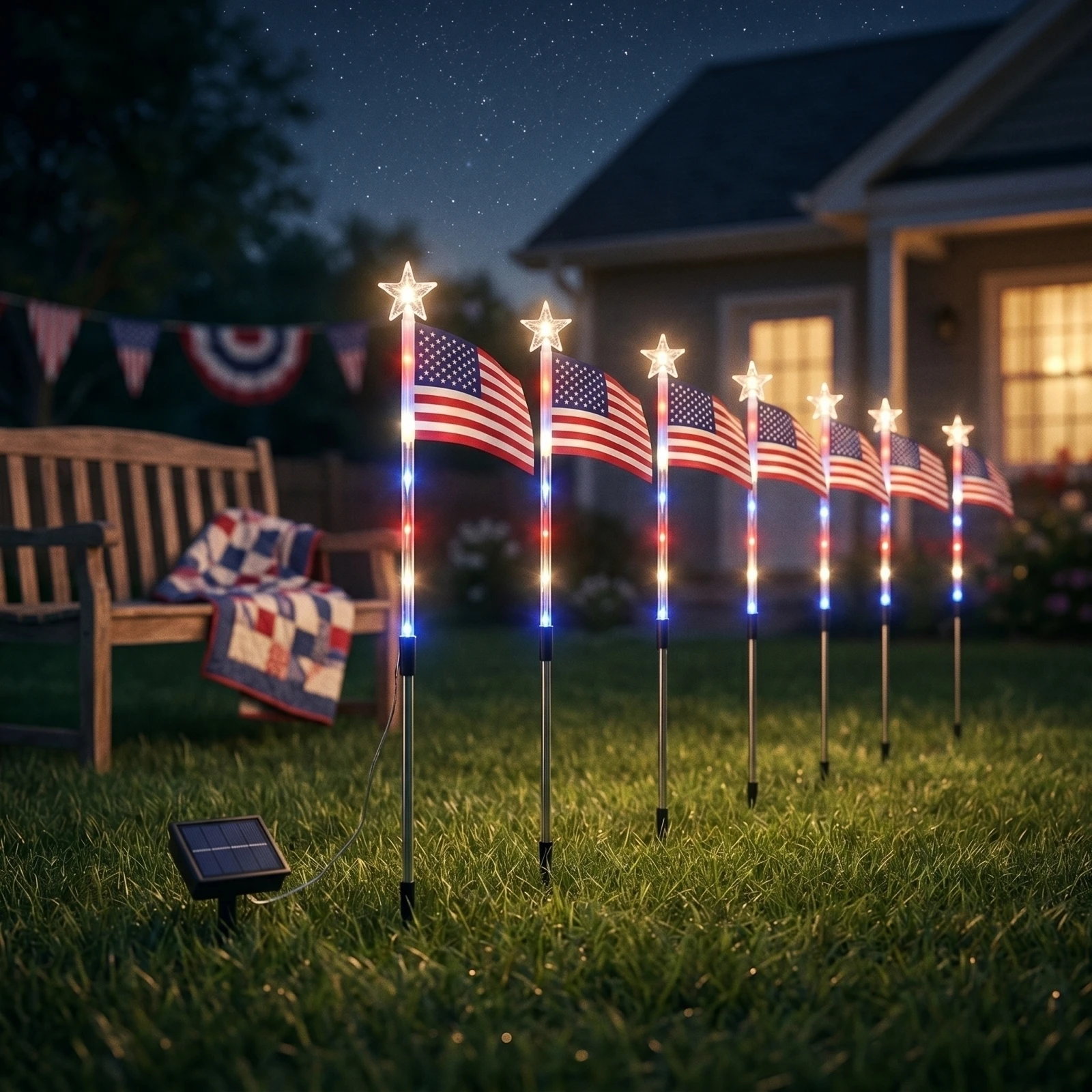 Solar Powered American Flag LED Pathway Lights Star Stake Lights Waterproof Outdoor Landscape Decor for Independence Day